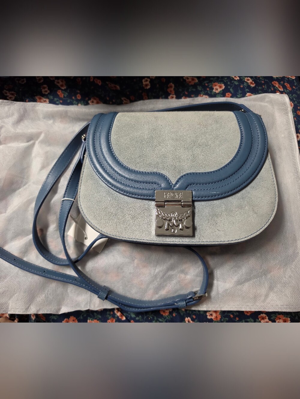 MCM Trisha Light Blue Suede Shoulder Bag Small Crossbody
